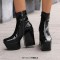 Square Toe Chunky Block Heels Ankle Highs Side Zipper Platforms Boots - Black Patent