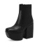Square Toe Chunky Block Heels Ankle Highs Side Zipper Platforms Boots - Black Faux Leather