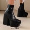 Square Toe Chunky Block Heels Ankle Highs Side Zipper Platforms Boots - Black Faux Leather