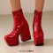Square Toe Chunky Block Heels Ankle Highs Side Zipper Platforms Boots - Red Patent