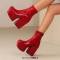 Square Toe Chunky Block Heels Ankle Highs Side Zipper Platforms Boots - Red Patent