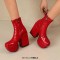 Square Toe Chunky Block Heels Ankle Highs Side Zipper Platforms Boots - Red Patent