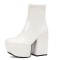 Square Toe Chunky Block Heels Ankle Highs Side Zipper Platforms Boots - White Patent