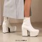 Square Toe Chunky Block Heels Ankle Highs Side Zipper Platforms Boots - White Patent