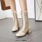 Round Toe Knee High Lace Up Breathable Mesh Chunky Heels Boots - Beige Faux Leather