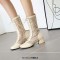 Round Toe Knee High Lace Up Breathable Mesh Chunky Heels Boots - Beige Faux Leather
