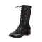 Round Toe Knee High Lace Up Breathable Mesh Chunky Heels Boots - Black Faux Leather