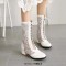 Round Toe Knee High Lace Up Breathable Mesh Chunky Heels Boots - White Faux Leather