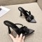 Pointed Open Toe Rose Straps High Heels Slippers Sandals - Black Satin