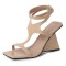Square Open Toe T Straps Ankle Buckle Straps Wedges Sandals - Beige Patent