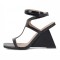 Square Open Toe T Straps Ankle Buckle Straps Wedges Sandals - Black Patent