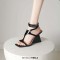 Square Open Toe T Straps Ankle Buckle Straps Wedges Sandals - Black Patent