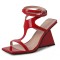 Square Open Toe T Straps Ankle Buckle Straps Wedges Sandals - Red Patent