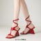 Square Open Toe T Straps Ankle Buckle Straps Wedges Sandals - Red Patent