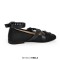 Round Toe Butterfly Knot Ankle Buckle Straps Punk Flats - Black Satin