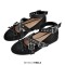 Round Toe Butterfly Knot Ankle Buckle Straps Punk Flats - Black Satin