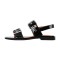 Square Open Toe Double Buckle Straps Slingback Summer Flats Sandals - Black Faux Leather