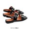 Square Open Toe Double Buckle Straps Slingback Summer Flats Sandals - Black Faux Leather