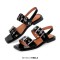 Square Open Toe Double Buckle Straps Slingback Summer Flats Sandals - Black Faux Leather