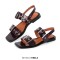 Square Open Toe Double Buckle Straps Slingback Summer Flats Sandals - Burgundy Faux Leather