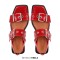 Square Open Toe Double Buckle Straps Slingback Summer Flats Sandals - Red Faux Leather