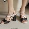 Peep Toe Chunky Heels Ankle Buckle Cross Straps Vintage Surface Summer Sandals  - Black Faux Leather