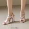Peep Toe Chunky Heels Ankle Buckle Cross Straps Vintage Surface Summer Sandals  - Pink Faux Leather