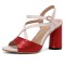 Peep Toe Chunky Heels Ankle Buckle Cross Straps Vintage Surface Summer Sandals  - Red Faux Leather