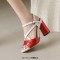 Peep Toe Chunky Heels Ankle Buckle Cross Straps Vintage Surface Summer Sandals  - Red Faux Leather