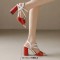 Peep Toe Chunky Heels Ankle Buckle Cross Straps Vintage Surface Summer Sandals  - Red Faux Leather