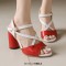 Peep Toe Chunky Heels Ankle Buckle Cross Straps Vintage Surface Summer Sandals  - Red Faux Leather