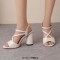 Peep Toe Chunky Heels Ankle Buckle Cross Straps Vintage Surface Summer Sandals  - White Faux Leather