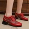 Round Toe Lace Up Chunky Heels Party Office Pumps Loafers  - Red Faux Leather