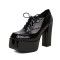 Square Toe Lace Up Chunky Heels Low Platforms Loafers Pumps - Black Patent