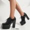 Square Toe Lace Up Chunky Heels Low Platforms Loafers Pumps - Black Patent