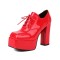 Square Toe Lace Up Chunky Heels Low Platforms Loafers Pumps - Red Patent