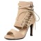 Peep Toe Side Lace Up Ankle buckle Straps Stiletto Heels Booties Summer Sandals - Apricot Flock