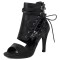 Peep Toe Side Lace Up Ankle buckle Straps Stiletto Heels Booties Summer Sandals - Black Flock