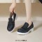 Round Toe Chunky Heels Shiny Glitters Oxford Loafers - Black Microfiber