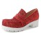 Round Toe Chunky Heels Shiny Glitters Oxford Loafers - Red Microfiber