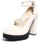 Round Toe Elastic Band Rhinestones Ankle Buckle Straps Chunky Heels Platforms Pumps - Beige Patent