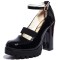 Round Toe Elastic Band Rhinestones Ankle Buckle Straps Chunky Heels Platforms Pumps - Black Patent