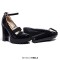 Round Toe Elastic Band Rhinestones Ankle Buckle Straps Chunky Heels Platforms Pumps - Black Patent