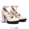 Round Toe Elastic Band Rhinestones Ankle Buckle Straps Chunky Heels Platforms Pumps - Pink Patent