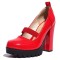 Round Toe Elastic Band Rhinestones Ankle Buckle Straps Chunky Heels Platforms Pumps - Red Patent
