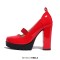 Round Toe Elastic Band Rhinestones Ankle Buckle Straps Chunky Heels Platforms Pumps - Red Patent