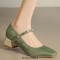 Round Toe Mary Janes Chunky Heels Beads Vintage Style Pumps  - Green Microfiber