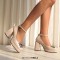Round Toe Chunky Heels Elegant Party Wedding Platforms Ankle Straps Pumps - Beige Patent