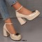 Round Toe Chunky Heels Elegant Party Wedding Platforms Ankle Straps Pumps - Beige Patent