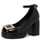Round Toe Chunky Heels Elegant Party Wedding Platforms Ankle Straps Pumps - Black Patent